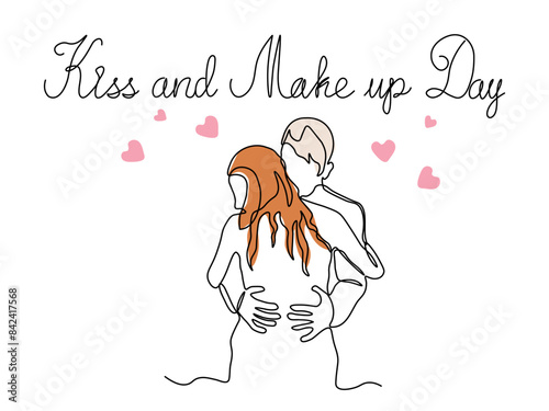 Kiss and Make up Day.couple of lovers, woman and man, love for each other, kiss, hug. continuous single line art drawing sketch, logo