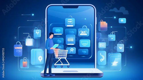 Businessman holding shopping cart in front of smartphone with icons on blue background