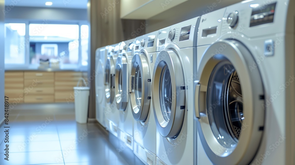 A tidy, well-lit laundry room in an upscale rental features high-end appliances, ample storage, and style. A tidy, well-lit laundry room in an upscale rental features high-end appliances, ample storage, and style.