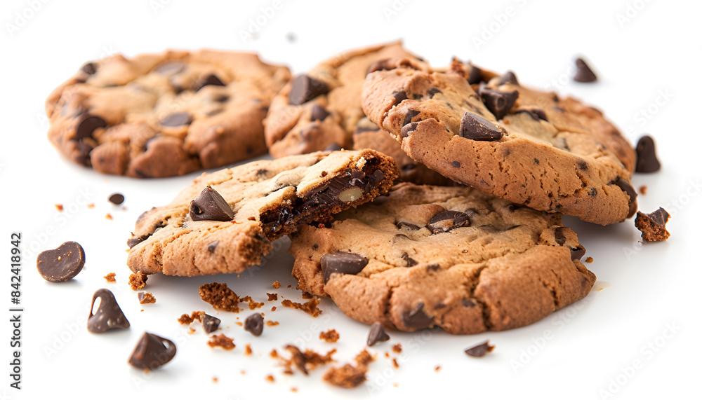 Pieces of delicious chocolate chip cookie isolated on white Pieces of delicious chocolate chip cookie isolated on white
