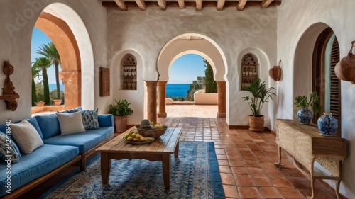 The living room of the Mediterranean villa with arched doors, terracotta tiles, and rooms are decorated with blue accents, and the overall atmosphere has a beautiful beach feel