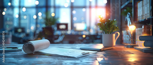 Public relations officer working on a press release, background featuring blurred office and media contacts, octane , ,