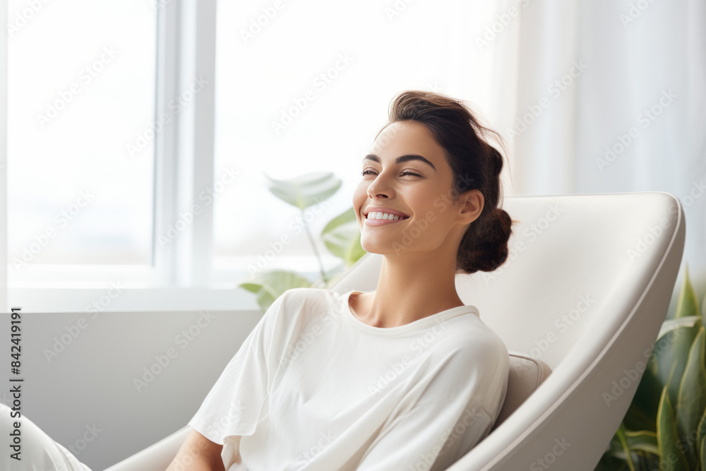 happy woman sitting on chair in dentist's office, treatment room, skincare happy woman sitting on chair in dentist's office, treatment room, skincare