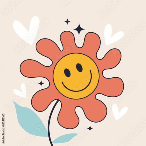 Groovy flower with a cartoon smiley face. Trendy art vector illustration of a cute sunflower. Summer flower retro character. Doodle art. Hand drawn flower icon in 70s style.