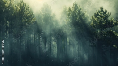 Pine tree forest in a thick foggy morning. Natural background of tropical forest environment.