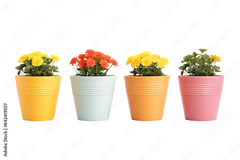 Symphony of Bloom: A Quartet of Flower Pots on White or PNG Transparent Background. Symphony of Bloom: A Quartet of Flower Pots on White or PNG Transparent Background.