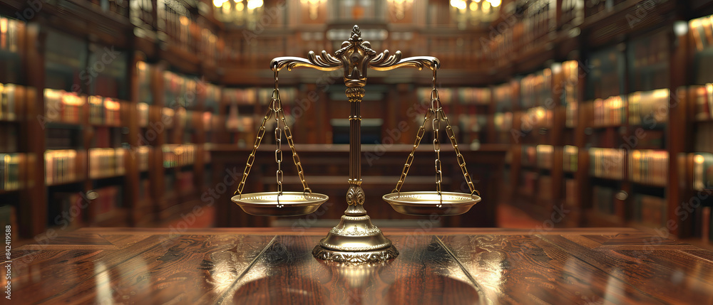 Fototapeta premium Scales of justice symbol in front of a law library