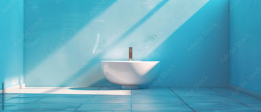 Simple bathroom with a solid light blue wall and a white sink, minimal fixtures Simple bathroom with a solid light blue wall and a white sink, minimal fixtures