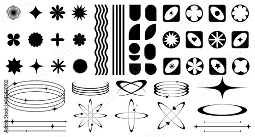 Set of abstract retro futuristic elements and shapes and aesthetic line frames boho, brutalism, Y2K style. Geometric elements with sparkles for template social media, poster, banner, logo, stickers