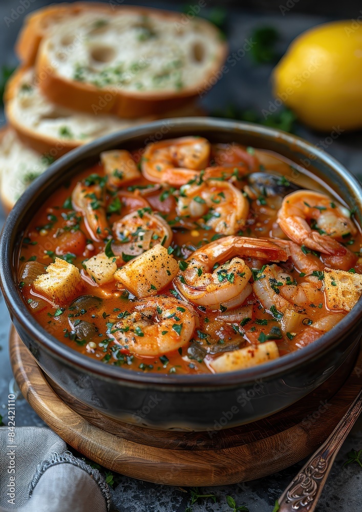 A hearty bowl of Bouillabaisse with a variety of seafood, including fish, mussels, and shrimp, in a saffron-infused broth. Served with crusty bread. A hearty bowl of Bouillabaisse with a variety of seafood, including fish, mussels, and shrimp, in a saffron-infused broth. Served with crusty bread.