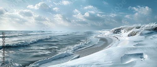 Snowcovered beach with icy waves and a wintery sky photo
