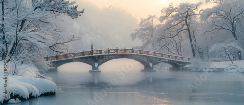 Snowcovered bridge over a frozen river