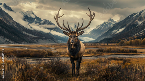 A moose stands proudly in Alaska, accompanied by vast wilderness and towering mountains in the background, Ai generated Images