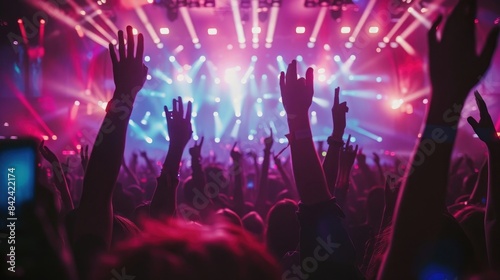 Close up of crowd with raised hands at concert, live music show background. Illuminated stage and silhouettes of people having fun in night club. Vertical banner. High quality.