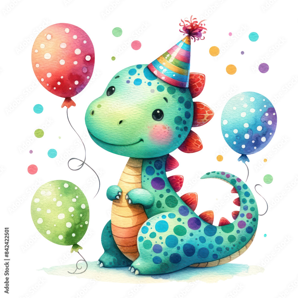 Naklejka premium Adorable cartoon dinosaur with balloons and party hat, Transparent background