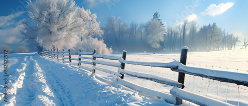 Snowcovered fence in a wintery field with trees in the background photo