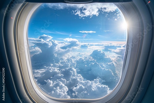 Airplane window perspective, offering a breathtaking view of the sky and clouds, symbolizing transportation