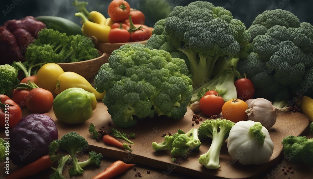 A lovely display featuring broccoli, assorted fruits, and veggies of different sizes and placements, spiced up for visual allure and viewer interest. A lovely display featuring broccoli, assorted fruits, and veggies of different sizes and placements, spiced up for visual allure and viewer interest.