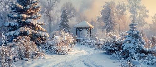 Snowcovered garden with frostcovered plants photo