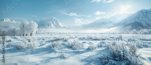 Snowcovered landscape with a distant mountain range photo