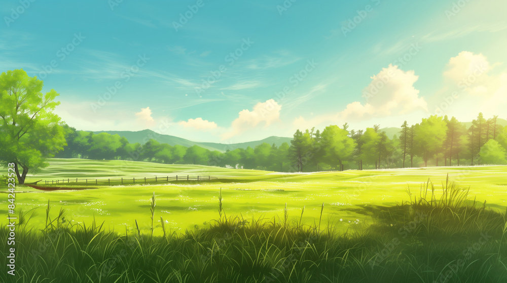 Obraz premium a wide shot of an open green grass field with trees far in the background