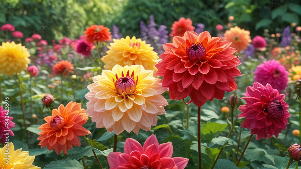 Summer Symphony: Harmonizing Nature's Palette with Dahlia Flowers in a Radiant Garden Setting, Generative AI Summer Symphony: Harmonizing Nature's Palette with Dahlia Flowers in a Radiant Garden Setting, Generative AI