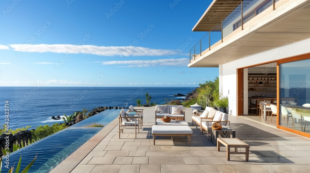 Fototapeta premium Seaside villa with stunning ocean views, spacious patio, perfect for relaxation, sunsets, and entertaining.