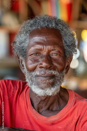 A senior African American man with a white beard wearing a red shirt