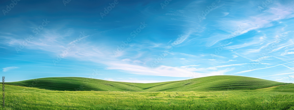Idyllic summer scene with a lush green meadow rolling hills in the distance and a brilliant blue sky Idyllic summer scene with a lush green meadow rolling hills in the distance and a brilliant blue sky
