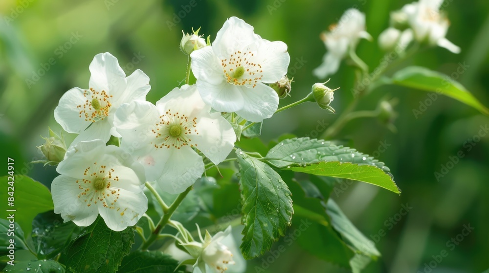 Fototapeta premium Blackberry Blooms White Flowers in the Dewberry Garden