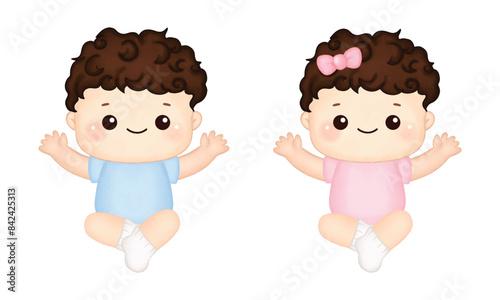 Cute boy and girl sit position watercolor style