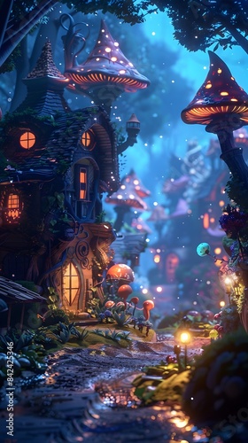 3D wallpaper of a magical fairy village with tiny houses and glowing mushrooms