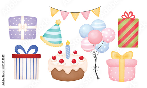 Cute birthday clip art decoration in watercolor style