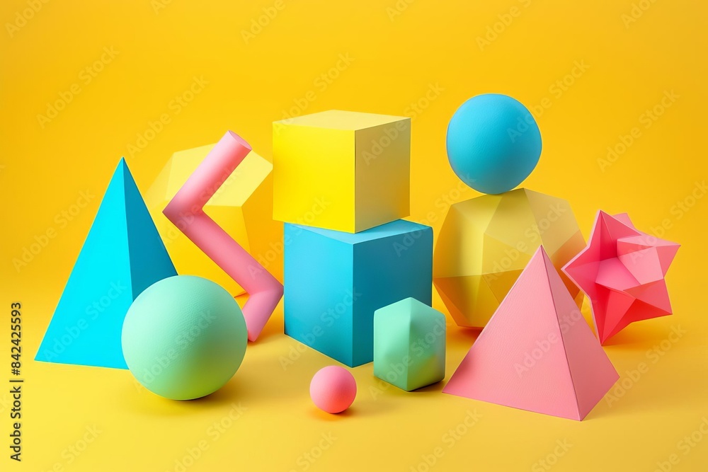 3D geometric shapes on a yellow background, 3D geometric shapes on a yellow background,
