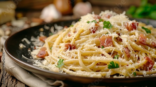 Closeup of a plate of spaghetti carbonara  featuring creamy sauce  crispy pancetta  and grated parmesan  all set on a rustic wooden table in a cozy Italian restaurant atmosphere