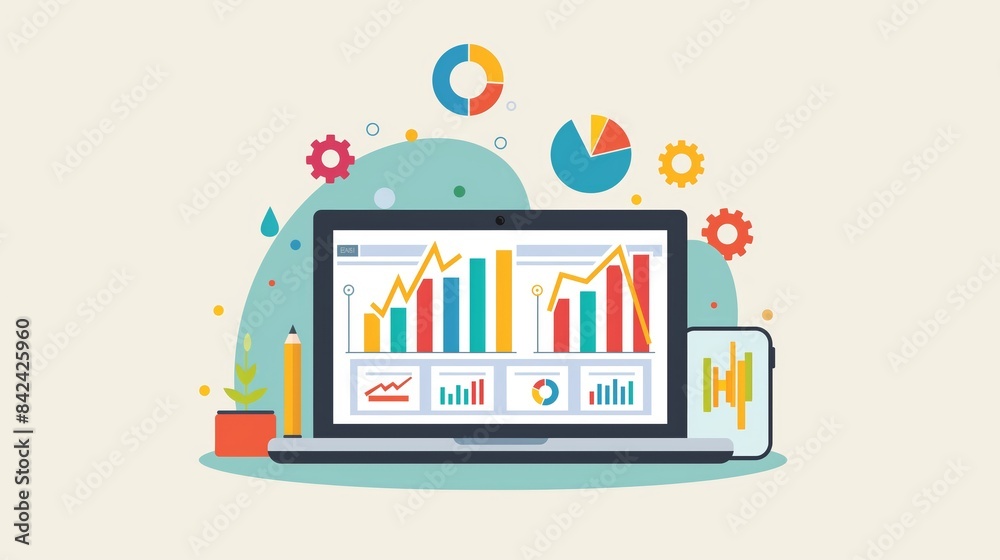 An illustration showing a laptop with graphs, a smartphone, and analytical symbols An illustration showing a laptop with graphs, a smartphone, and analytical symbols