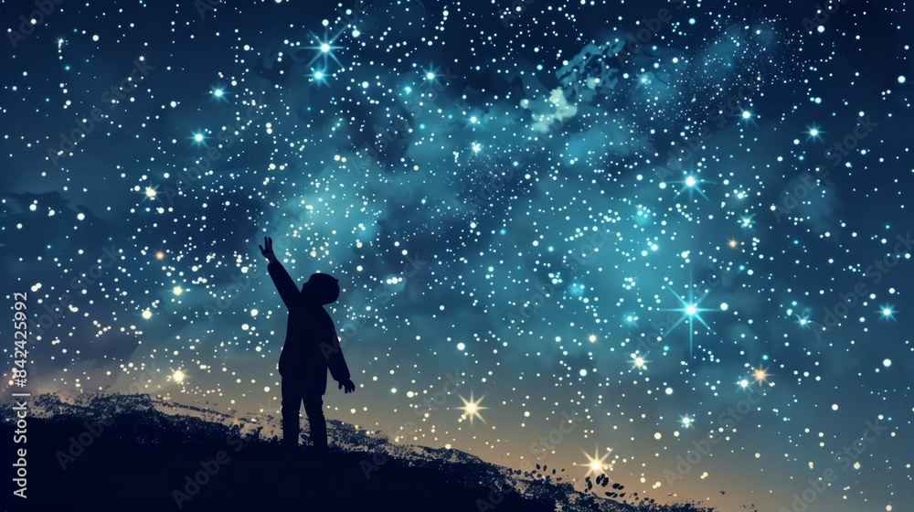 Under a starry sky, a silhouette reaches up, embodying wonder and aspiration in the vast universe. Under a starry sky, a silhouette reaches up, embodying wonder and aspiration in the vast universe.
