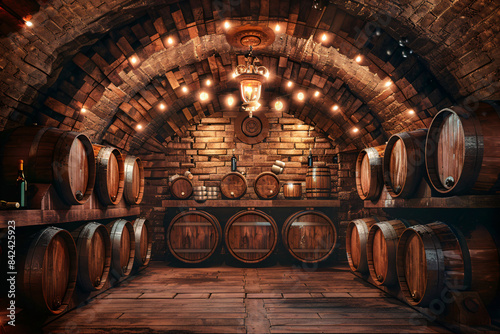 Rustic wine cellar with rows of oak barrels aging fine wine. Perfect for illustrating traditional winemaking processes  vintage wineries  and the atmospheric charm of historic wine storage