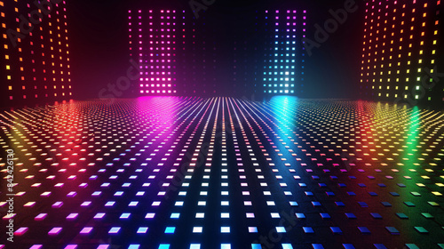 Rainbow square lights on large dance floor, hyperrealistic style