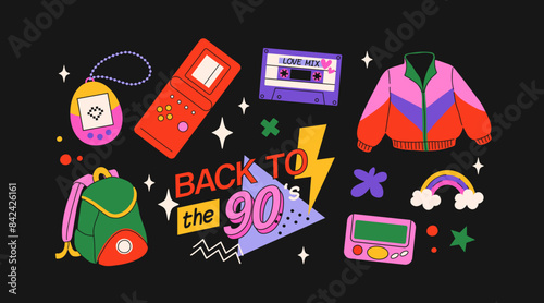 Classic 80s back to 90s elements in modern flat style. Hand drawn sticker set, vector illustration. Fashion patch, badge, emblem with vintage accessories.