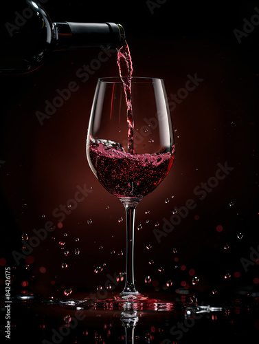 Red wine pouring into a glass with a backdrop of grapes and wine accessories, perfect for showcasing the art of winemaking, sommelier skills, and fine dining experiences