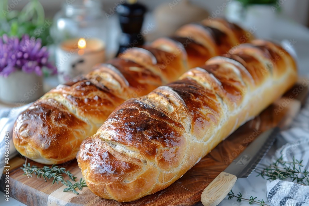 Baguette A classic French baguette, crispy and golden on the outside, soft and airy on the inside. Displayed on a wooden cutting board with a bread knife. Baguette A classic French baguette, crispy and golden on the outside, soft and airy on the inside. Displayed on a wooden cutting board with a bread knife.