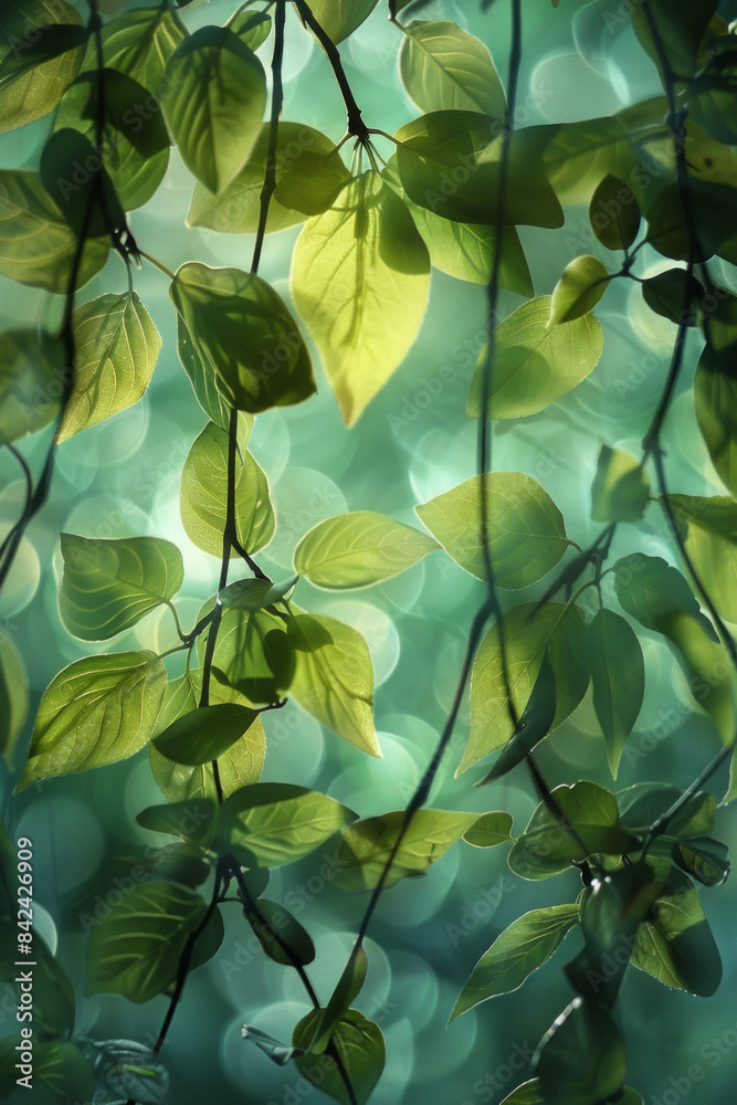 Nature green serene background with soft dappled light filtering through leaves Nature green serene background with soft dappled light filtering through leaves
