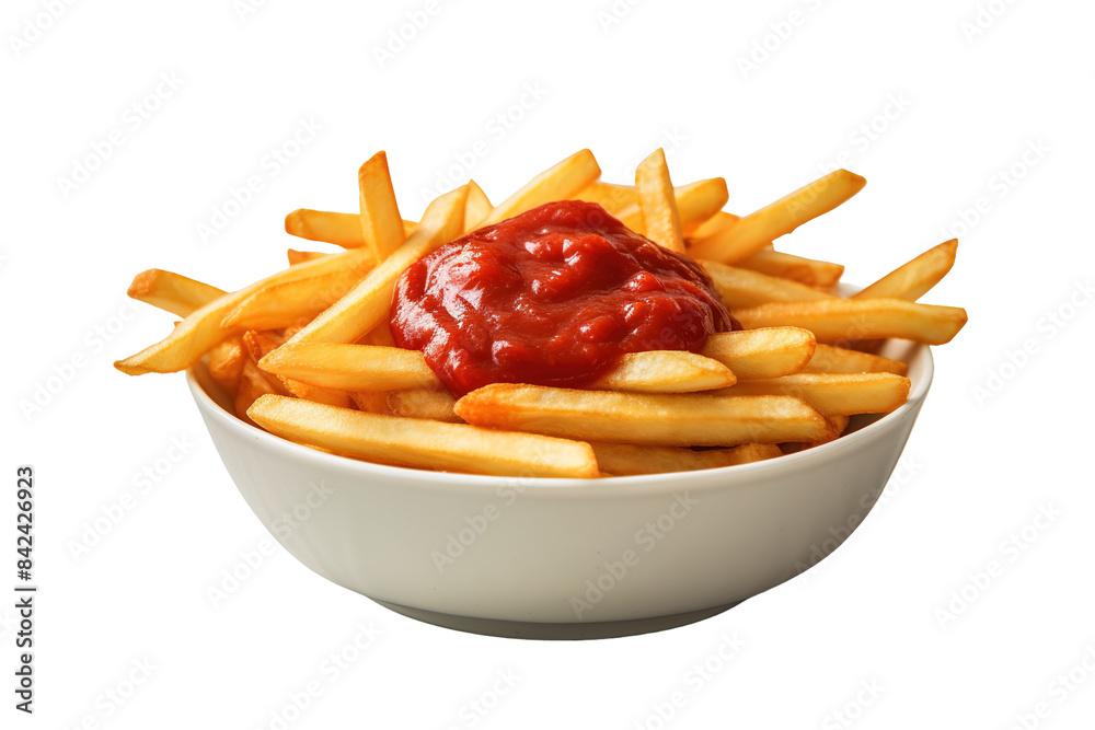 Φωτογραφία French fries with ketchup in white bowl, crispy potato chips snack, fast food si