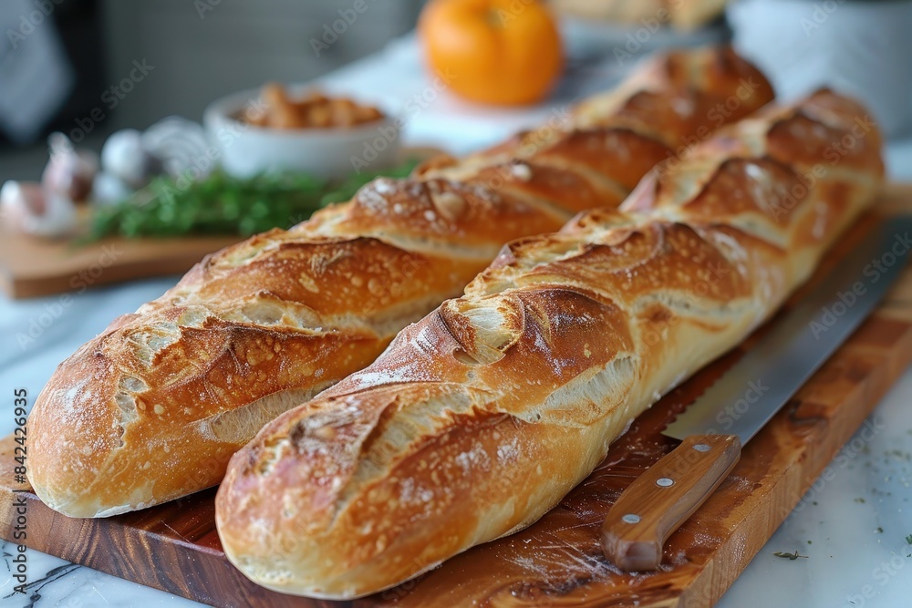 Baguette A classic French baguette, crispy and golden on the outside, soft and airy on the inside. Displayed on a wooden cutting board with a bread knife. Baguette A classic French baguette, crispy and golden on the outside, soft and airy on the inside. Displayed on a wooden cutting board with a bread knife.