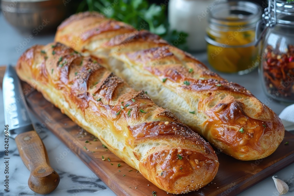 Baguette A classic French baguette, crispy and golden on the outside, soft and airy on the inside. Displayed on a wooden cutting board with a bread knife. Baguette A classic French baguette, crispy and golden on the outside, soft and airy on the inside. Displayed on a wooden cutting board with a bread knife.