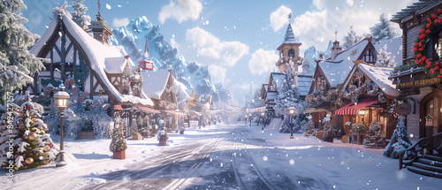 Fototapeta Naklejka Na Ścianę i Meble -  Snowy street in a small town with decorated shops and lampposts