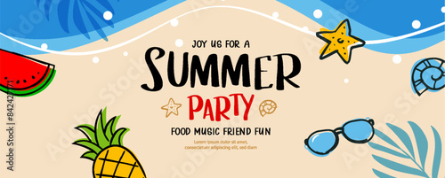Summer party banner poster with doodle element on beach background.