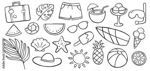 Summer icon doodle set on white background. Summer hand drawn symbols and objects.