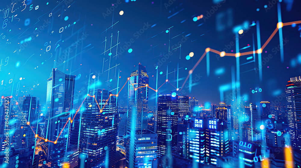 A stock market chart with upward trending lines over an urban skyline, A stock market chart with upward trending lines over an urban skyline,